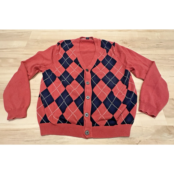 Brooks Brothers Sweaters - Brooks Bros Women Large Cardigan Sweater Cotton Wool Blend Argyle Salmon Pink